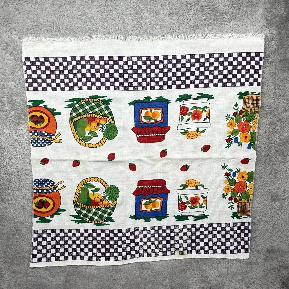 Vintage Kitchen Towel Kitchy Orange Jam Basket Check Cottagecore Country‎ Cotton